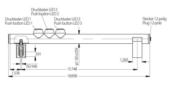 Side view technical drawing of FG14 handle with three push buttons with LED indicators and a 12-pole plug connection, including detailed measurements in inches.
