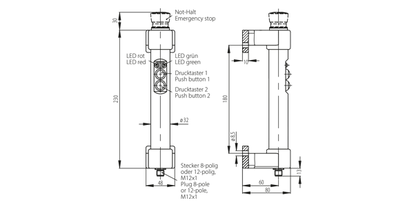 Technical drawing showing front and side views of handle FG16-02 and FG16-05 with labeled emergency stop, push buttons, LEDs, and connector dimensions