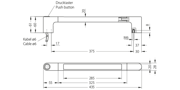 Technical line drawing of FG4-LL handle showing side and top views with measurements and labels for push button and cable