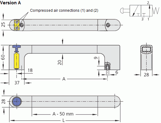 Technical schematic of FG4-P pneumatic handle, showing dimensions and compressed air connections in top, side, and cross-sectional views.