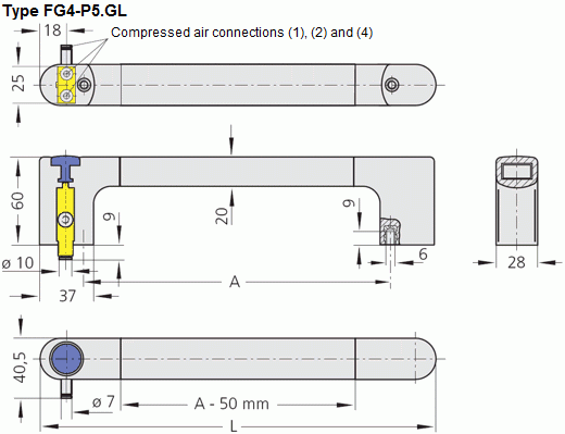 Engineering diagram of the FG4-P5.GL pneumatic handle showing front, side, and cross-sectional views with detailed dimensions and compressed air connection points.