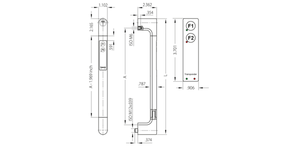 Technical drawing of FG4-T transponder handle with front, side, and button panel views displaying dimensions and labeled buttons F1 and F2 with LED indicators