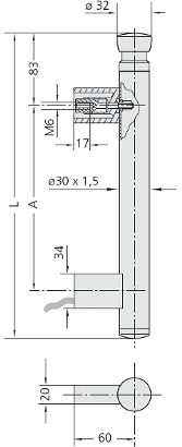 Technical drawing of a cylindrical emergency stop handle FG5 showing side and top views with dimensional annotations and internal cross-section details.