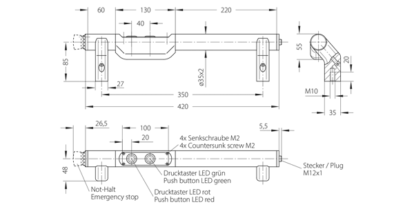 Technical schematic of FG8 functional handle including measurements and labels for LED push buttons, emergency stop, mounting screws, and plug connection.