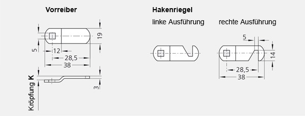 Technische Zeichnung des Griffhebels FG9 mit Verriegelung, zeigt Vorreiber mit Abmessungen und linke sowie rechte Ausführung des Hakenriegels mit Maßen.