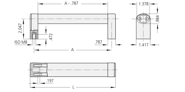 Three-view technical drawing of a rectangular handle with thermoplastic shanks and elliptical aluminum bar, showing front, side, and cross-sectional views with dimension annotations.