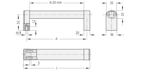 Technical drawing showing front, side, and top views of the A4-35.P handle with dimensions and internal components.