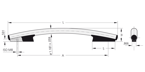 Technical line drawing showing a curved handle with cross-sectional view and sectional detail.