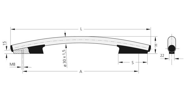 Technical drawing of a curved hollow stainless steel tube with end cap and cross-sectional views showing tube profile