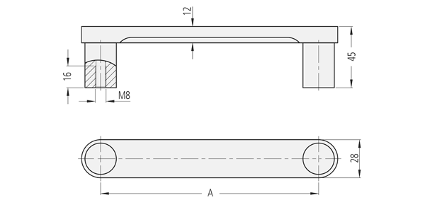 Technical drawing of HG handle with front and top views, including cross-sectional detail on one mounting end.