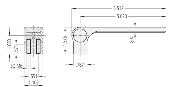 Technical drawing of HG-28 B inch aluminium handle with side and sectional views showing dimensions