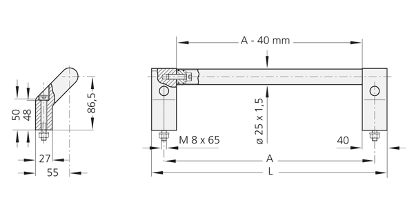 Technical line drawing showing front and side sectional views of the TL.HH-25 handle with aluminium profile shank and stainless steel connection elements.
