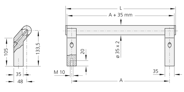 Technical drawing with sectional and elevation views of a tubular handle consisting of aluminium shanks and a stainless steel tube, showing dimensions and mounting details.