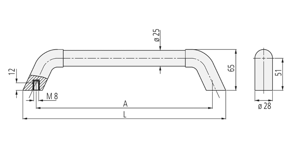 Technical drawing of KR plastic bow-type handle showing front and end views with sectional detail.