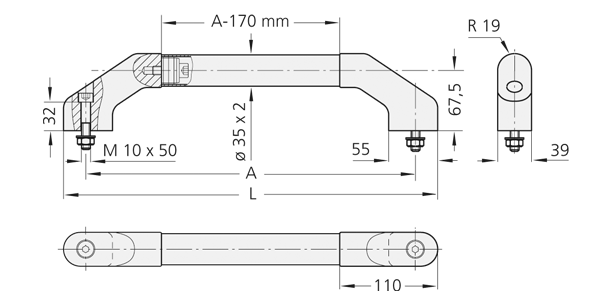 Technical drawing of MS-03 handle with front, side, and top views including assembly components