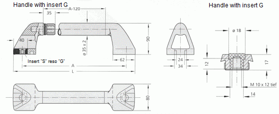 Technical drawing of a stainless steel tube handle with insert G including side, top, and cross-sectional views with dimensions.