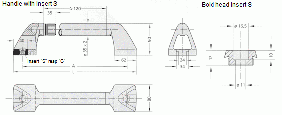 Technical drawing of a stainless steel tube handle with insert S and bolt head insert S, showing detailed dimensional measurements and cross-sectional views.