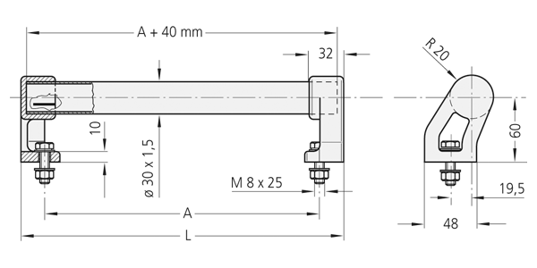 Black and white technical drawing showing side and end views of a Rohde RR-30.A handle with angled shanks and mounting hardware.