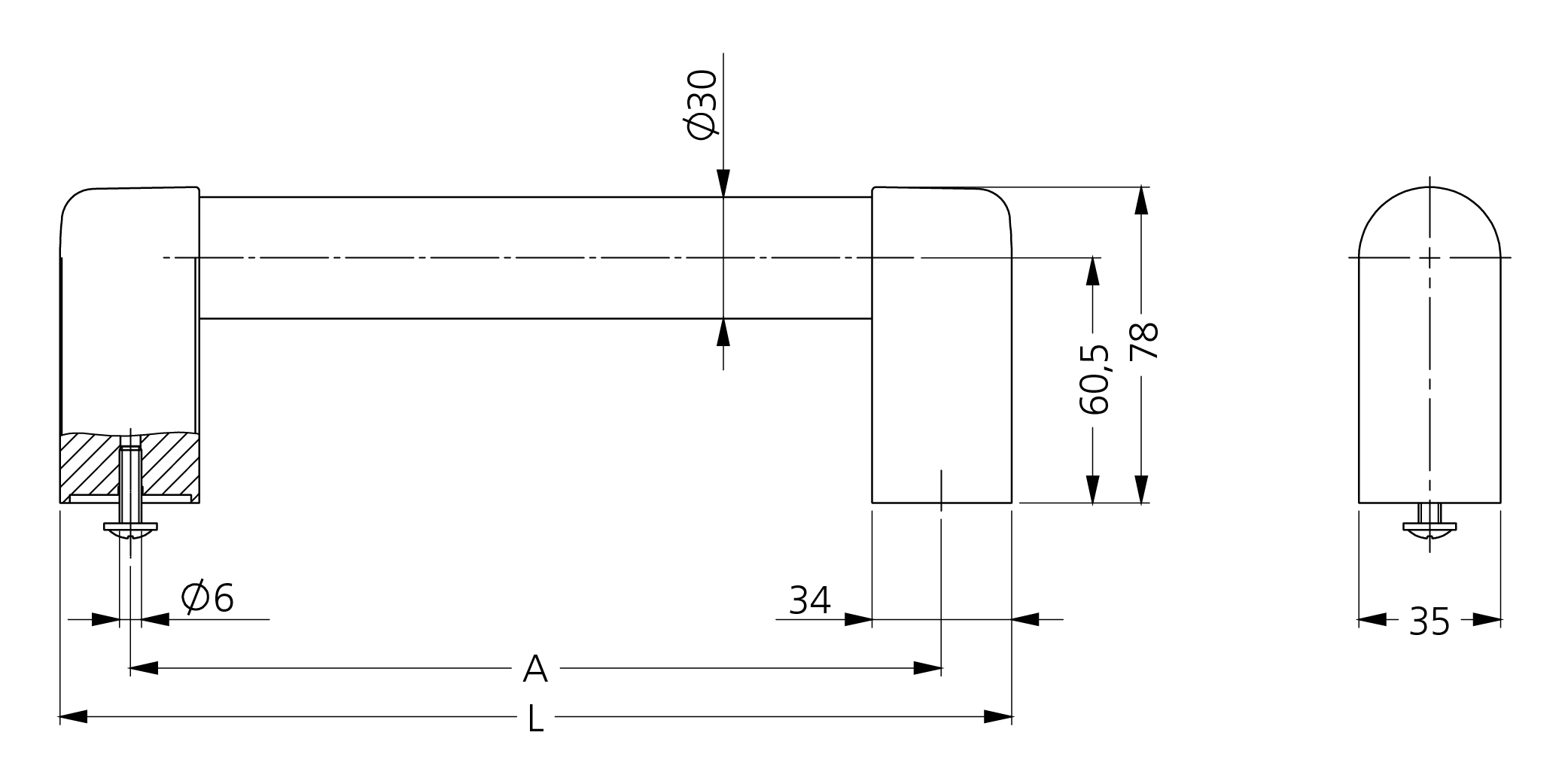 Technical drawing of U10 handle showing detailed dimensions and materials with annotations.