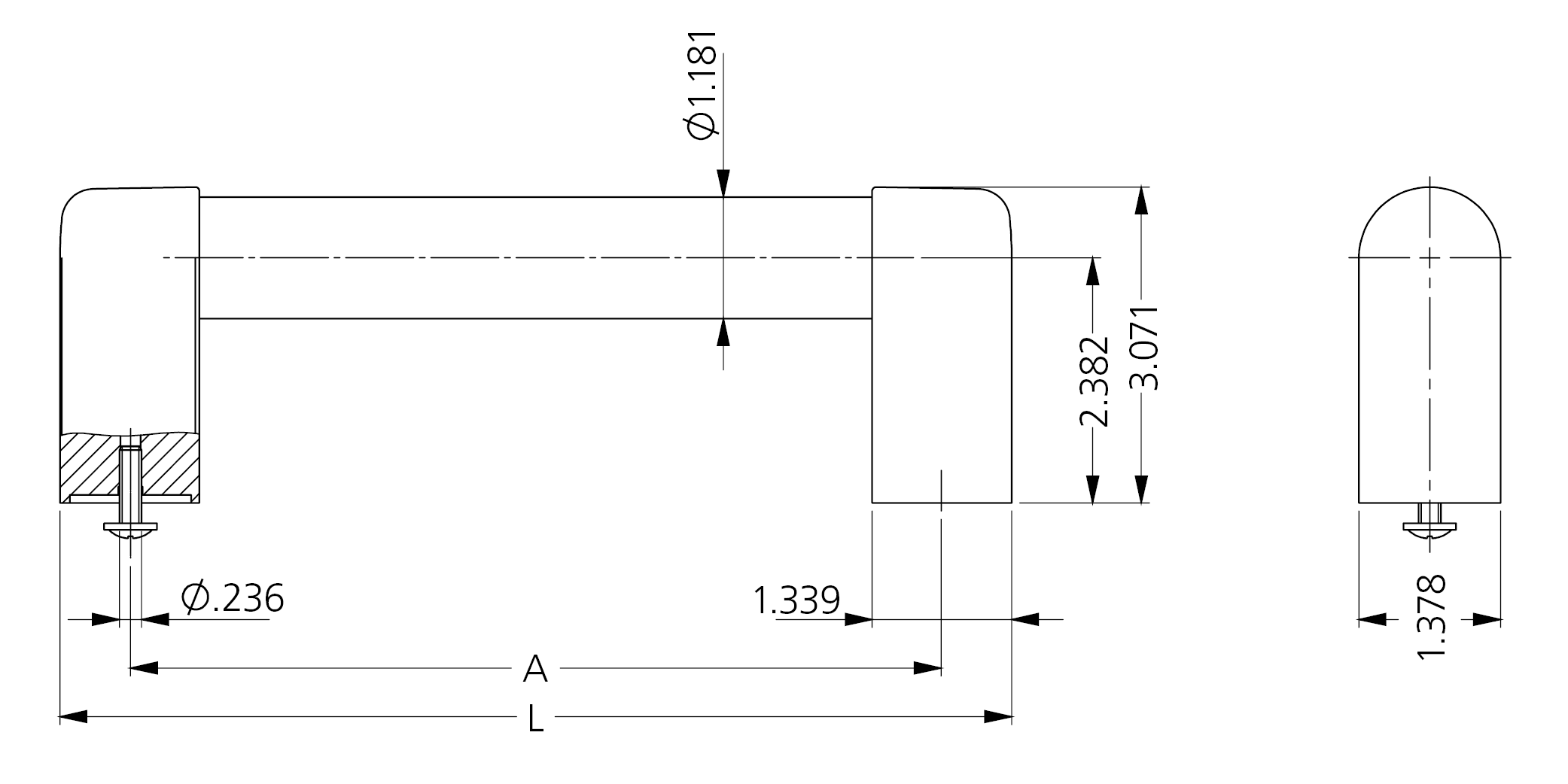 Technical drawing showing side and front views of U-shaped U10 handle with detailed dimensions in inches