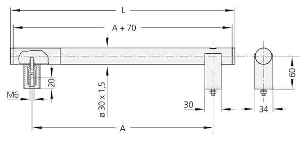 Technical schematic of U5-30 handle showing front, side views, and cross-section with measurements and mounting details