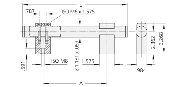 Technical line drawing and cross-section of TL.U6 stainless steel handle with aluminum profile tube holder and attachment details.