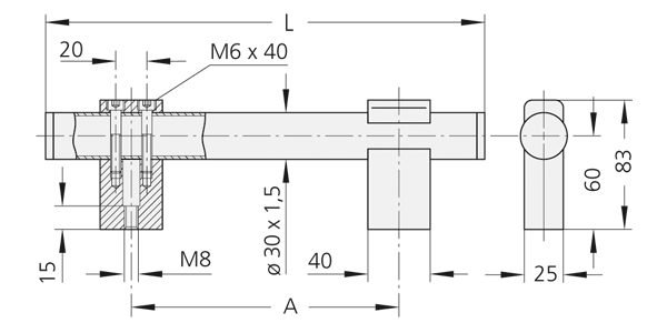 Technical line drawing of TL.U6 handle showing stainless steel tube, aluminium profile holder, sectional view of fastening with hexagonal socket screws, nuts, and washers on a black background
