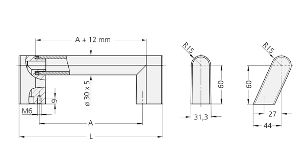 Technical schematic of U7 handle showing cross-section, straight and slanted polyamide shanks with detailed measurements.
