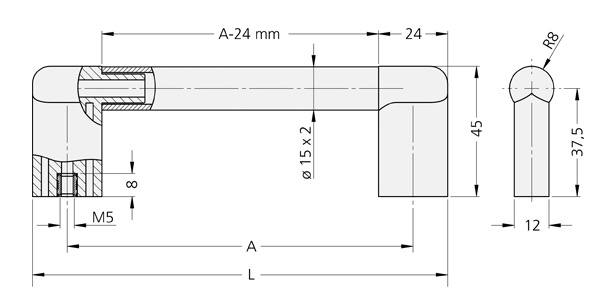 Technical drawing of UG-07 handle showing front view, side view, and cross-section with measurements