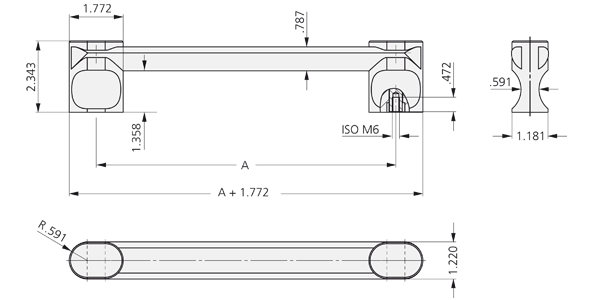 Technical drawing of VM-30 oval aluminium handle with polyamide shanks showing top, side, and end views with dimensions