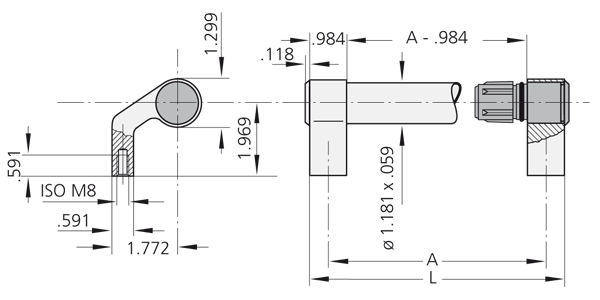 Technical line drawing showing multiple views of the TL.W1 handle shank component made of stainless steel and aluminum, including sectional and assembly details.