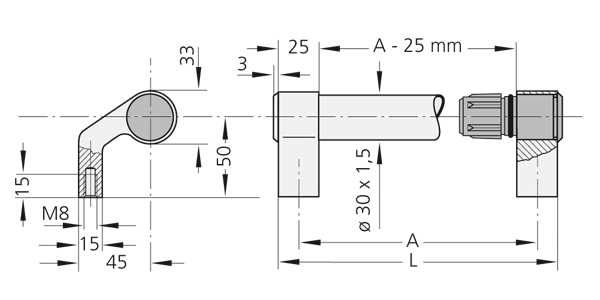 Technical schematic shows three views (section, side elevation, sectional side) of a cylindrical mechanical handle assembly with threaded components.