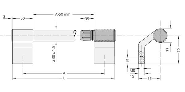 Technical line drawing showing front, side sectional, and top sectional views of a stainless steel and aluminum handle shank with tube diameter 30 mm