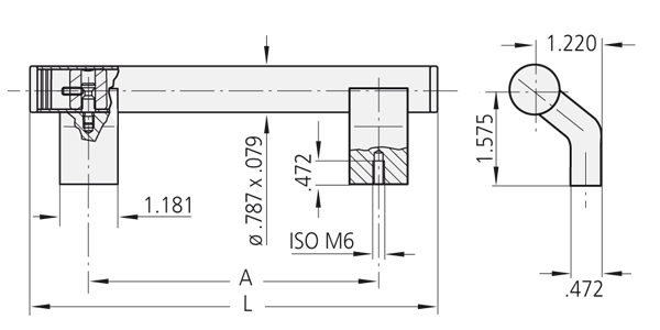 Technical line drawing illustrating the front, side, and top views of the TL.WR stainless steel and aluminum handle with sectional detailing.