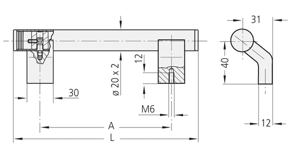 Technical line drawing showing three views of a stainless steel and aluminum handle with detailed sectional view of attachment components.