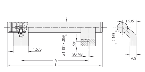 Technical drawing of TL.WR handle including side sectional view, cross-sectional view, and end view, illustrating stainless steel tube and aluminium profile components.