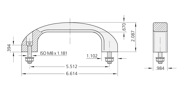 Technical drawing showing side sectional and front views of a black plastic bow-type handle with metal screw fastening components.