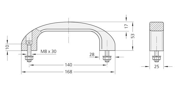 Technical schematic of a plastic bow-type handle with mounting screws, showing side sectional view and end view.
