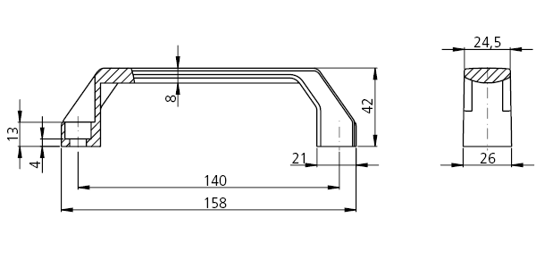 Technical drawing showing side and end cross-sections of EC PPA plastic bow-type handle with detailed measurements in millimeters