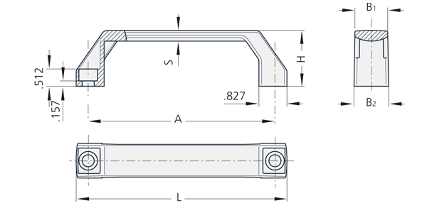 Technical drawing showing side, front, and end views of a plastic bow-type handle with dimensions and screw specifications.
