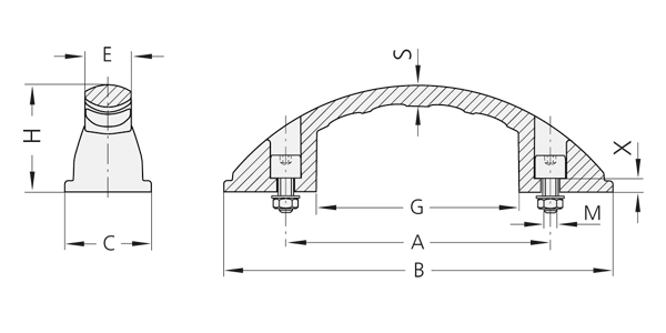 Technical drawing of a black plastic bow-type handle with mounting screws and dimensions in millimeters.