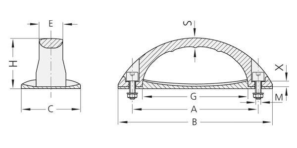 Technical cross-sectional and side view drawing of FK plastic bow-type handle with dimensions and mounting hardware