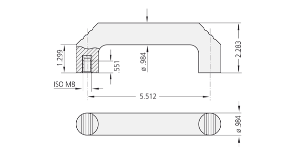 Technical dimensional drawing of a black plastic bow-type handle with a threaded brass bushing and detailed section view