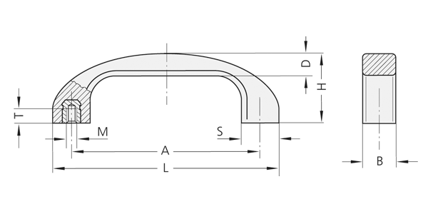 Technical drawing showing side and cross-sectional views of a plastic bow-type handle with internal brass threaded bushing.