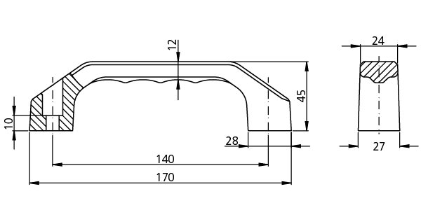 Technical drawing of RG PPA plastic bow-type handle with front and side views showing measurements in millimeters