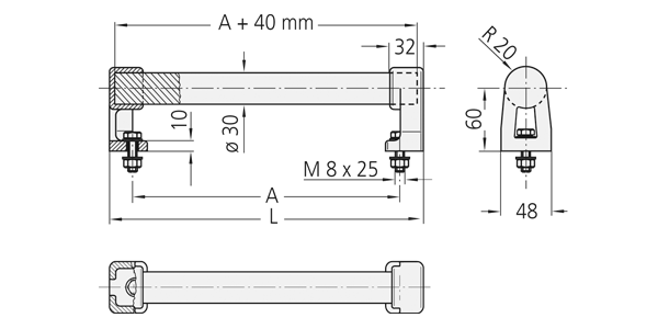 Technical drawing showing multiple views and dimensions of a plastic bow-type handle labeled RR with detailed construction and fastening components.