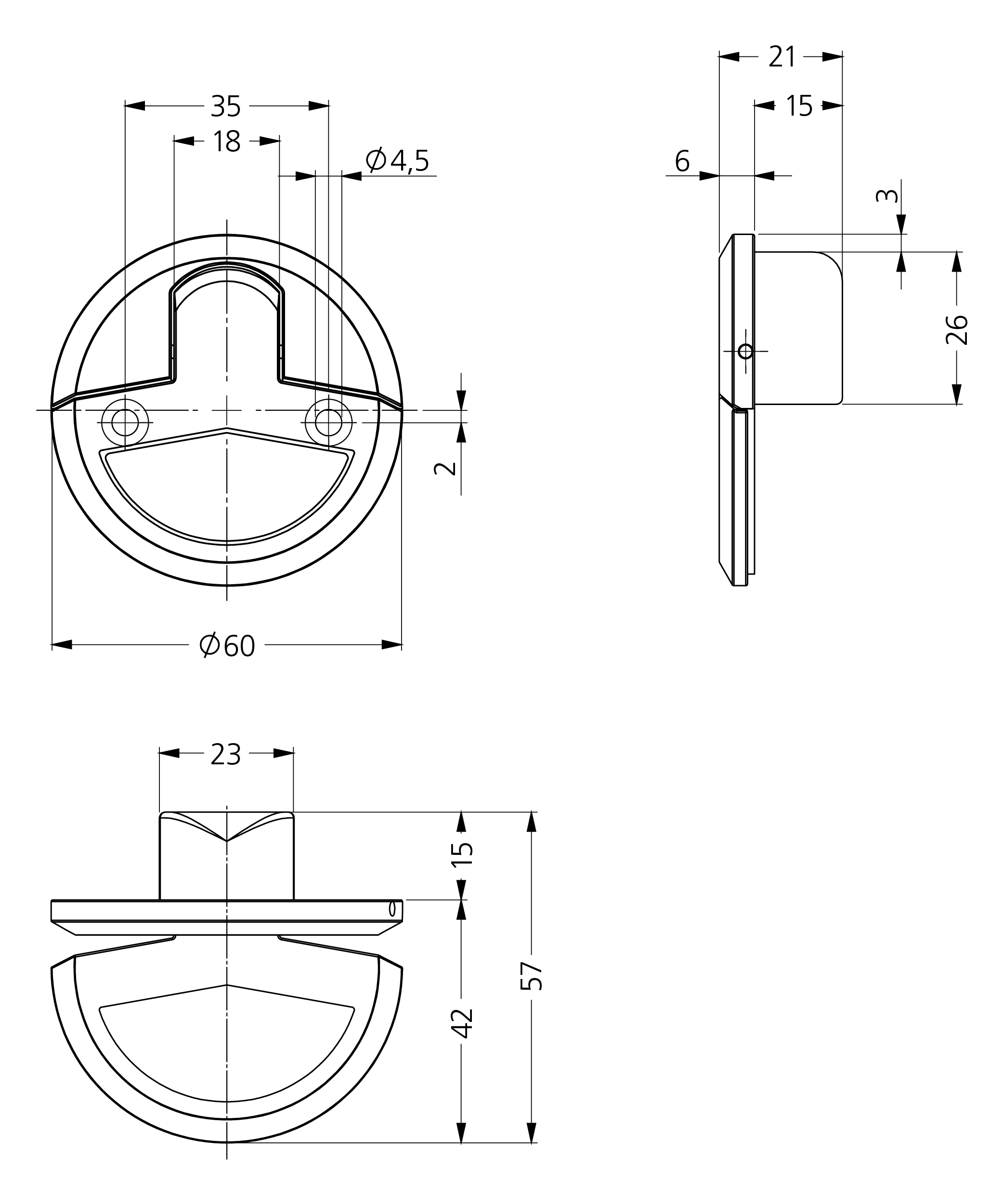 Technische Zeichnung eines Klappgriffs mit mehreren Ansichten und technischen Maßen