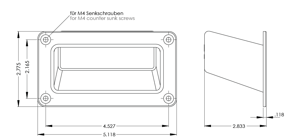 Technical drawing of KM-55 ergonomic handle with dimensions and mounting hole details for M4 countersunk screws