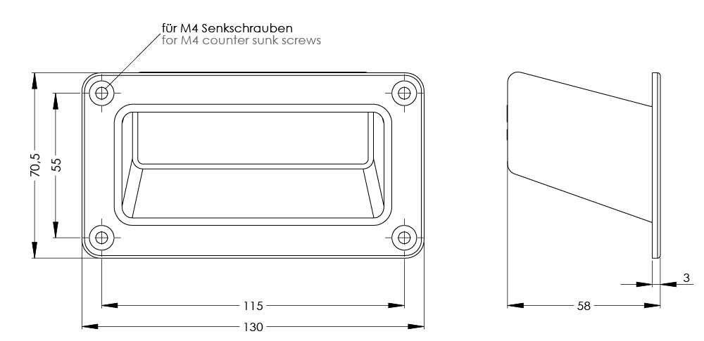 Technical drawing of KM-55 ergonomic handle with front and side views showing dimensions and mounting holes for M4 countersunk screws.