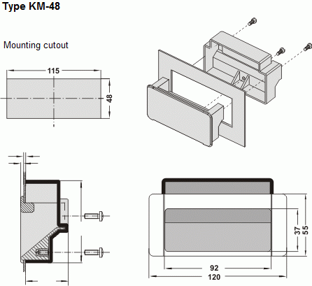 Technical drawing with exploded view and dimensional measurements of the KM-48 trough inset handle for mounting in a panel